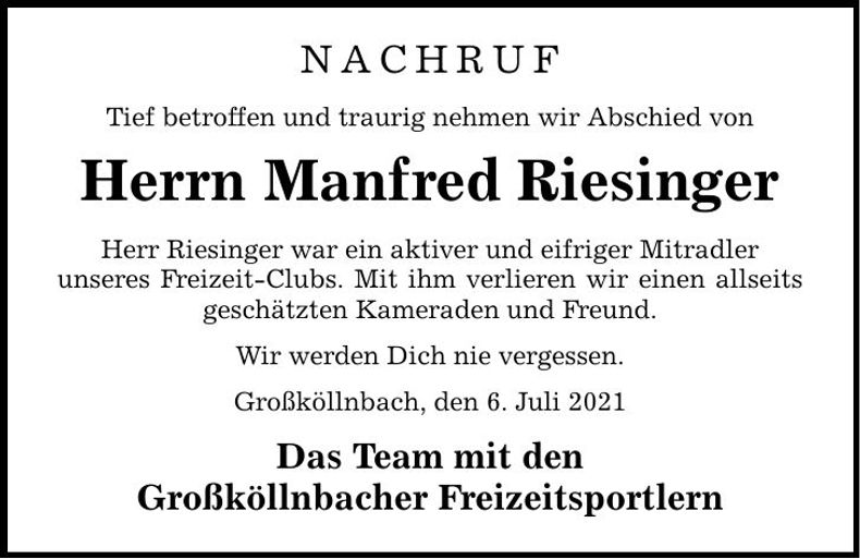 Traueranzeige Manfred Riesinger