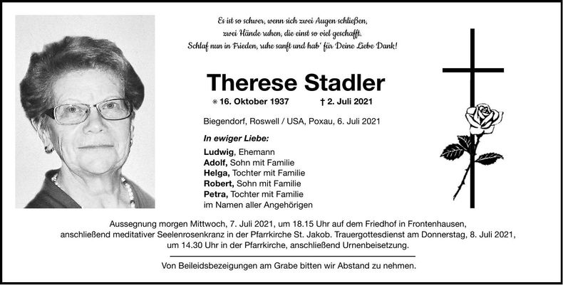 Traueranzeige Therese Stadler