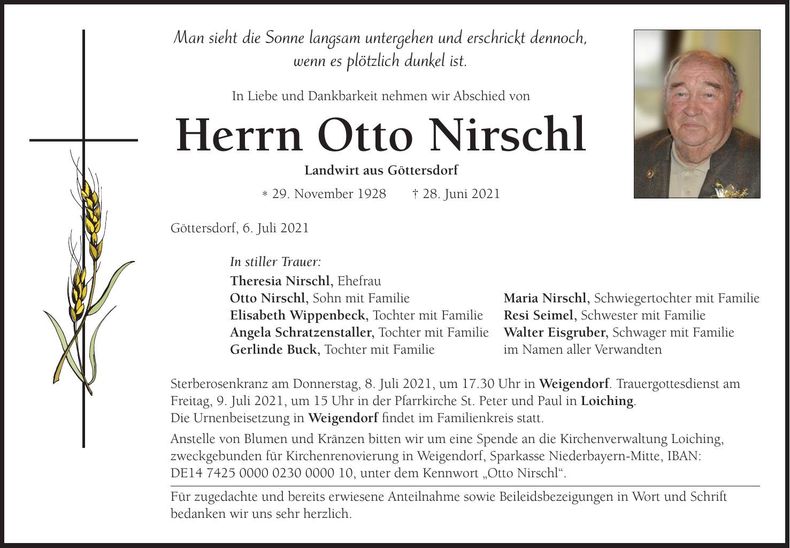 Traueranzeige Otto Nirschl