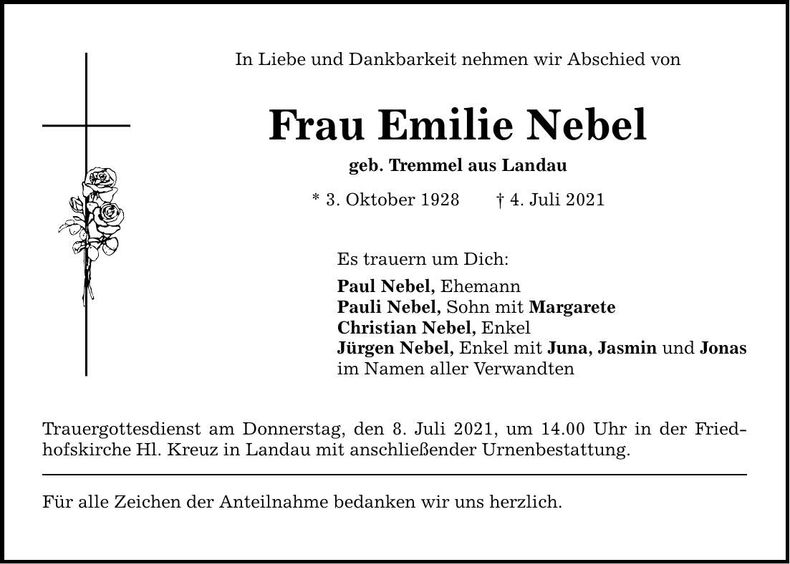 Traueranzeige Emilie Nebel