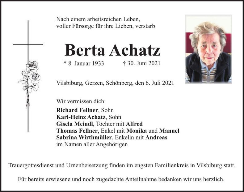 Traueranzeige Berta Achatz