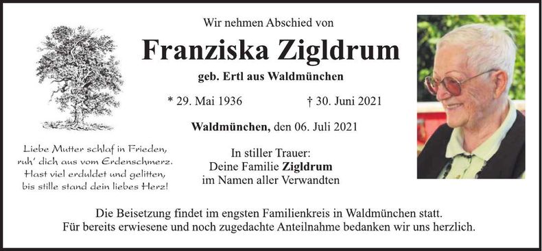 Traueranzeige Franziska Zigldrum