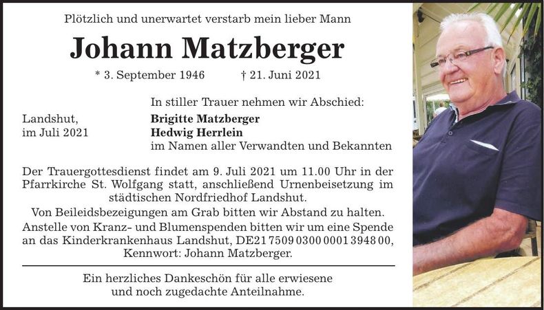 Traueranzeige Johann Matzberger