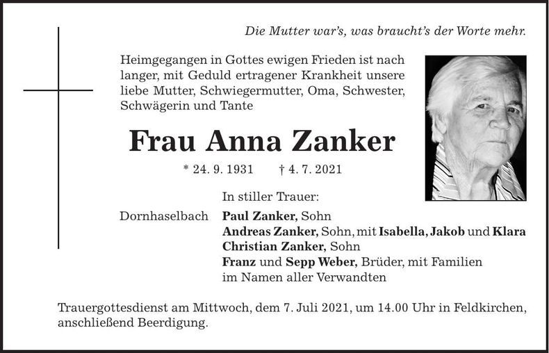 Traueranzeige Anna Zanker