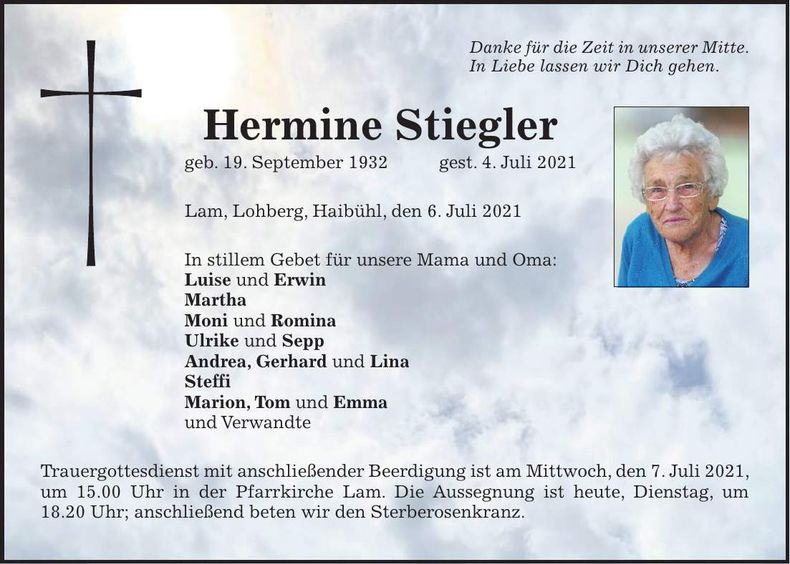 Traueranzeige Hermine Stiegler