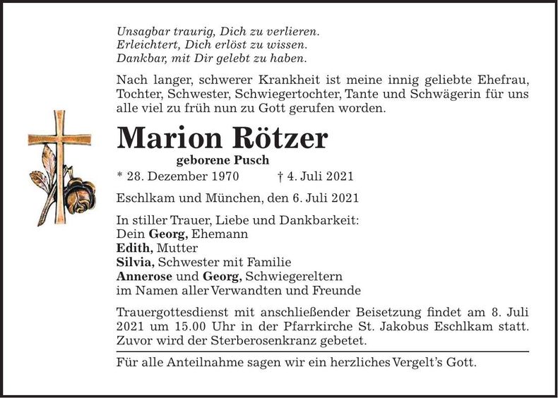 Traueranzeige Marion Rötzer