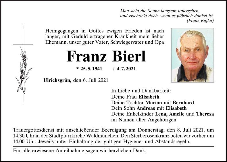 Traueranzeige Franz Bierl