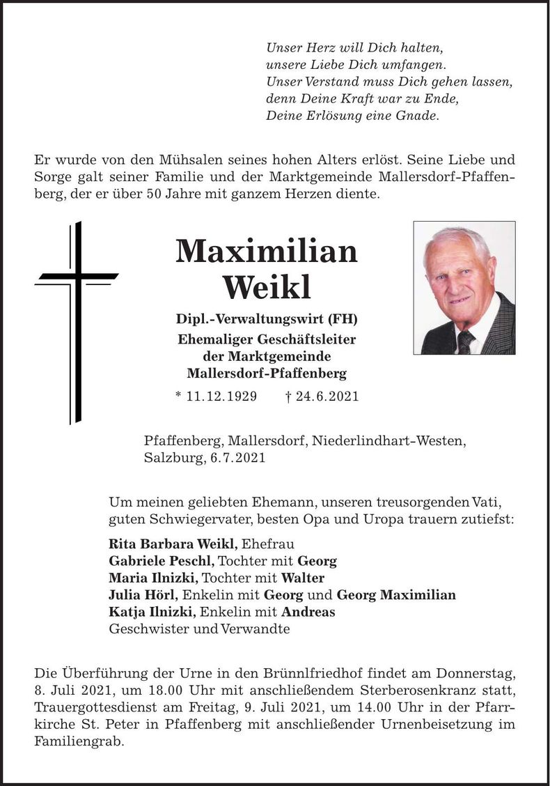 Traueranzeige Maximilian Weikl
