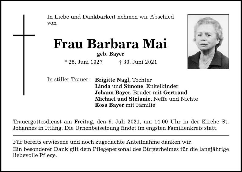 Traueranzeige Barbara Mai