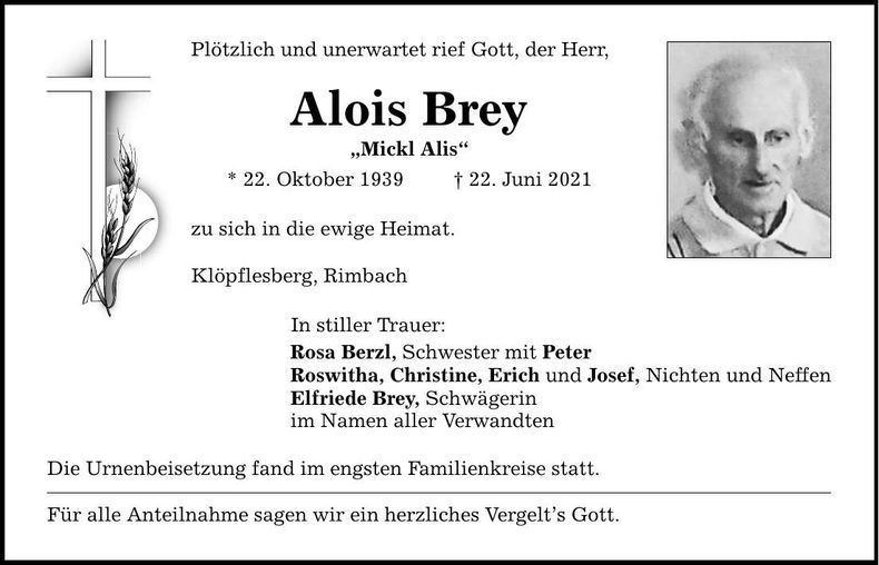 Traueranzeige Alois Brey