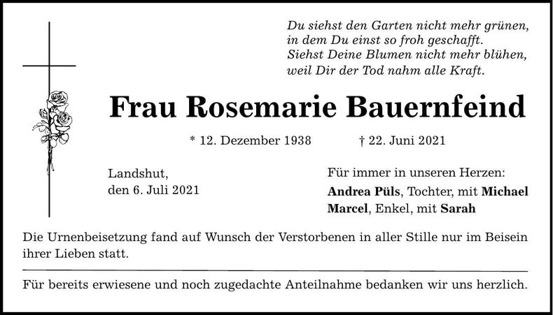 Traueranzeige Rosemarie Bauernfeind