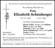 Traueranzeige Elisabeth Schönberger
