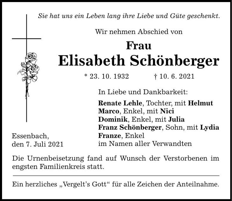 Traueranzeige Elisabeth Schönberger