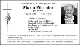 Traueranzeige Maria Pöschko
