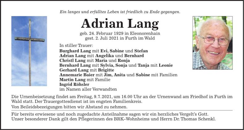 Traueranzeige Adrian Lang
