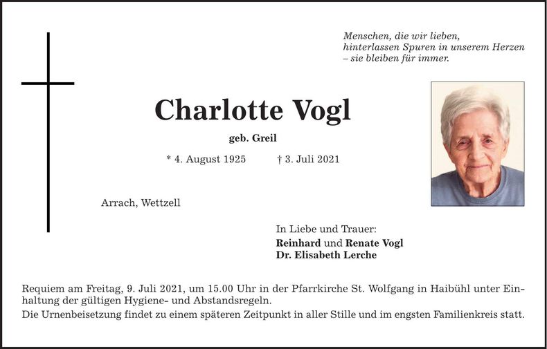 Traueranzeige Charlotte Vogl