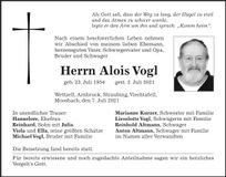 Traueranzeige Alois Vogl