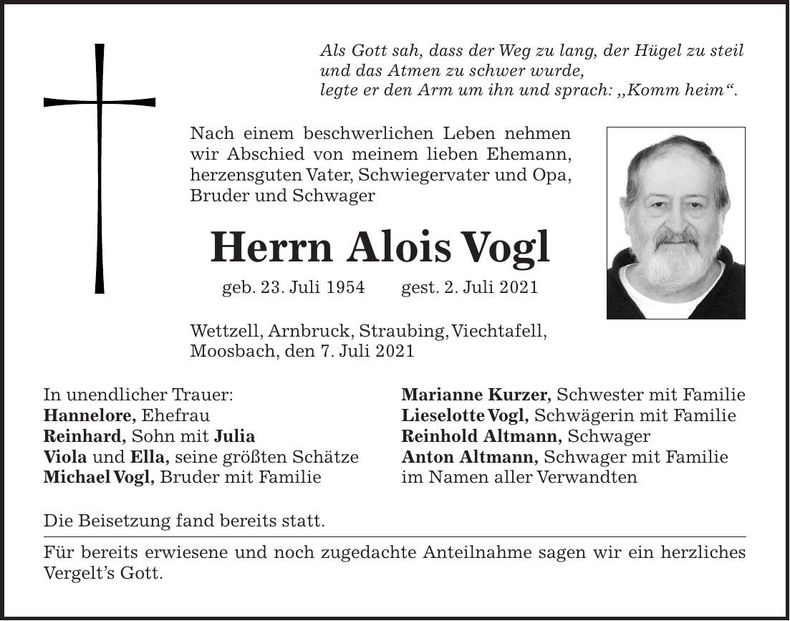 Traueranzeige Alois Vogl