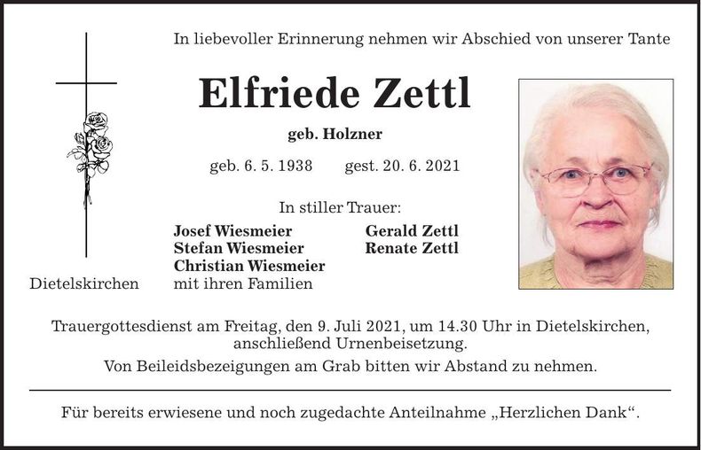 Traueranzeige Elfriede Zettl