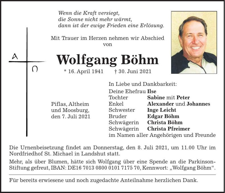 Traueranzeige Wolfgang Böhm