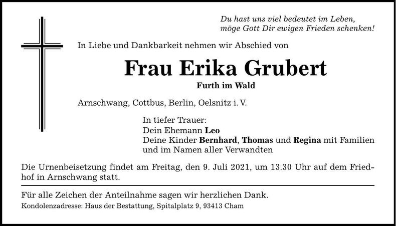 Traueranzeige Erika Grubert