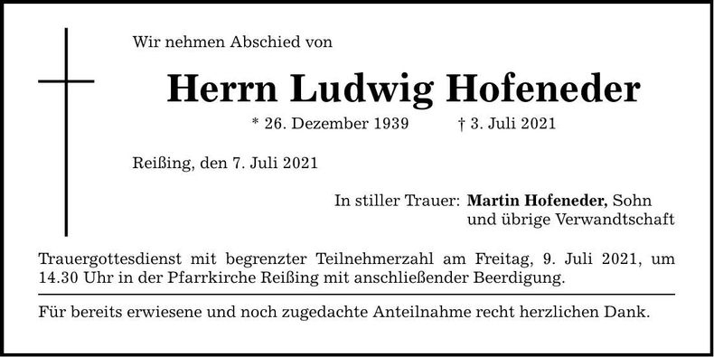 Traueranzeige Ludwig Hofeneder