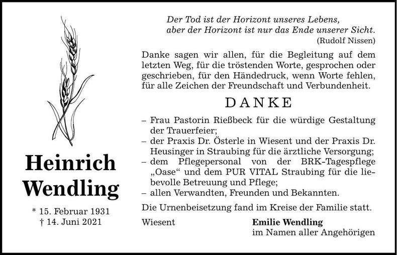 Traueranzeige Heinrich Wendling