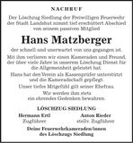Traueranzeige Hans Matzberger