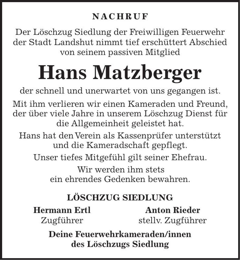 Traueranzeige Hans Matzberger