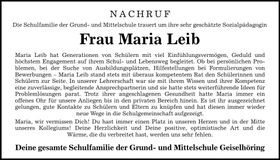 Traueranzeige Maria Leib