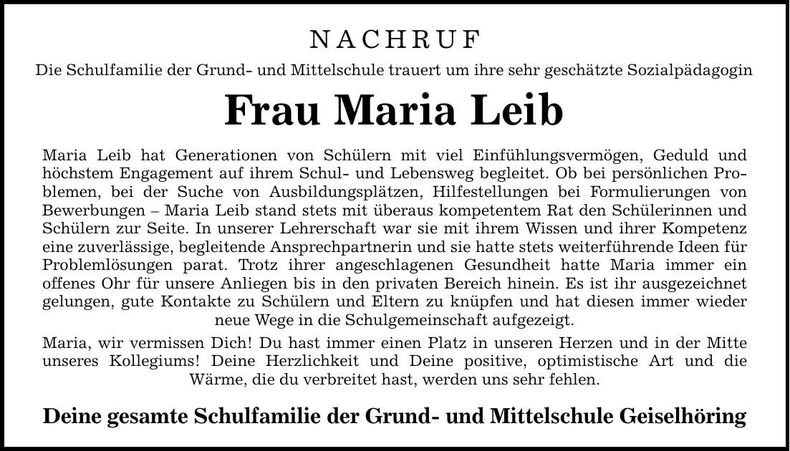 Traueranzeige Maria Leib