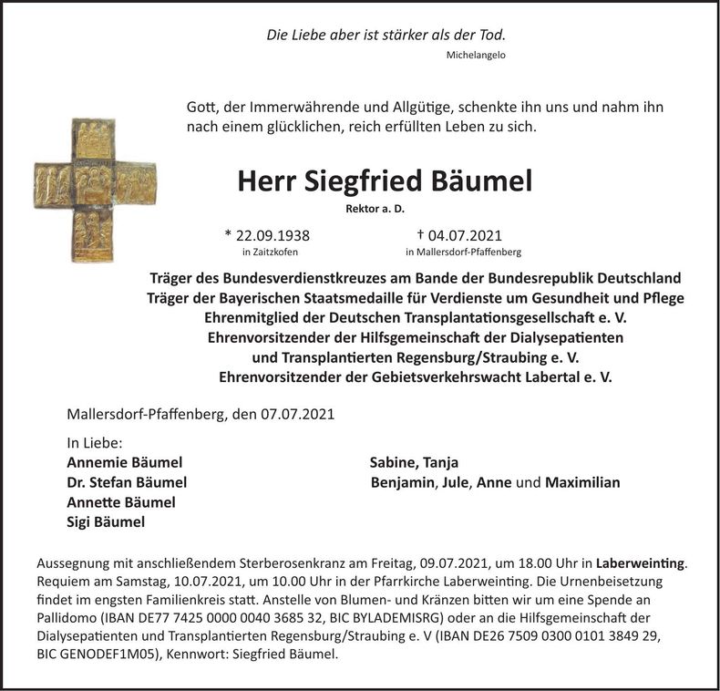 Traueranzeige Siegfried Bäumel