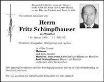 Traueranzeige Fritz Schimpfhauser