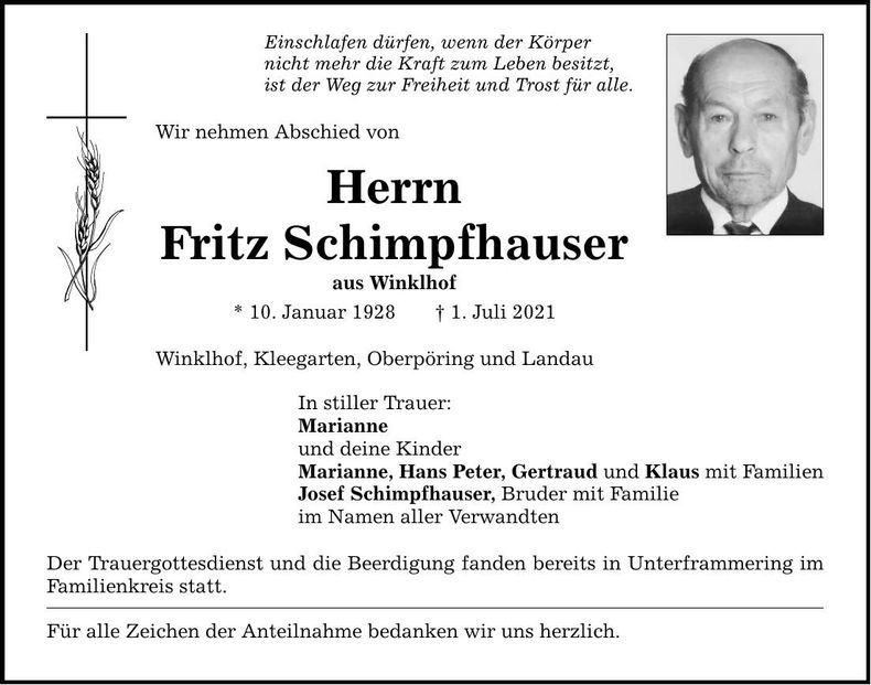 Traueranzeige Fritz Schimpfhauser