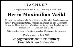 Traueranzeige Maximilian Weikl