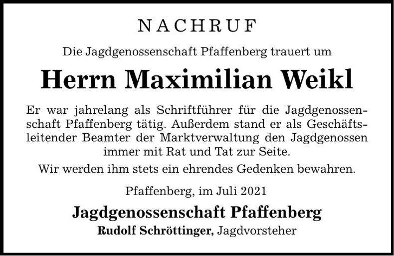 Traueranzeige Maximilian Weikl
