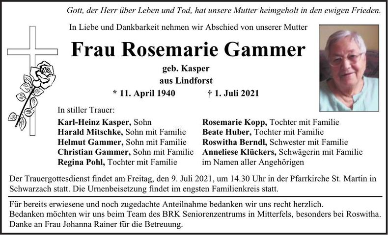 Traueranzeige Rosemarie Gammer