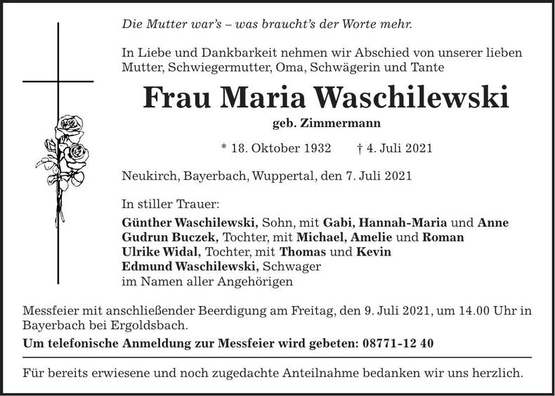 Traueranzeige Maria Waschilewski