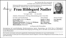 Traueranzeige Hildegard Nadler