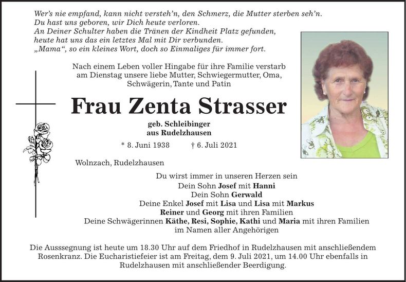 Traueranzeige Zenta Strasser