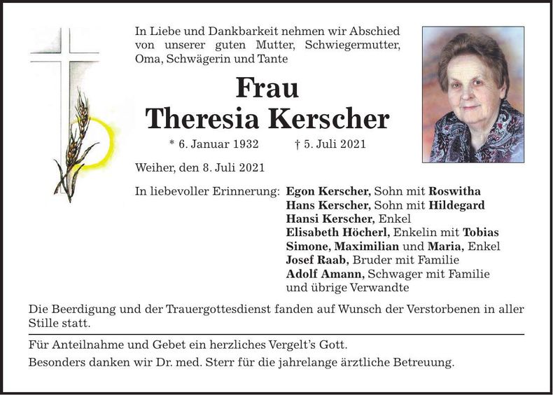 Traueranzeige Theresia Kerscher