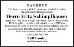 Traueranzeige Fritz Schimpfhauser