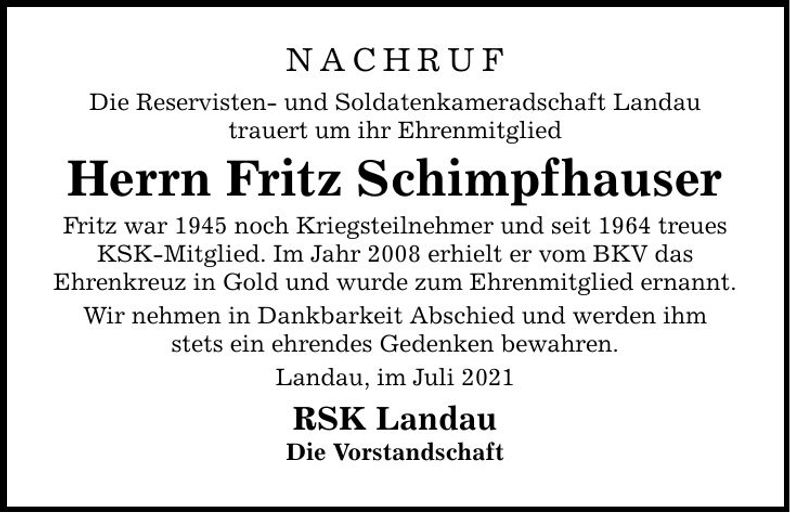 Traueranzeige Fritz Schimpfhauser