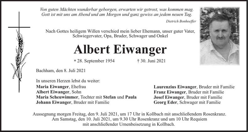 Traueranzeige Albert Eiwanger