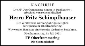 Traueranzeige Fritz Schimpfhauser