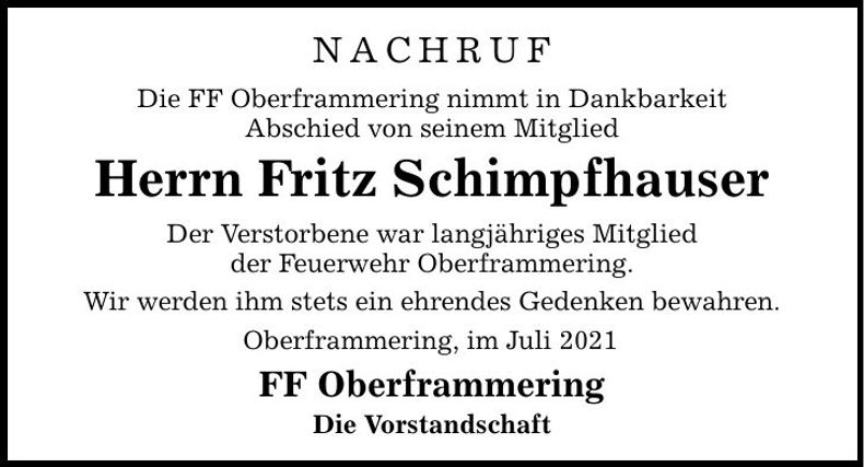 Traueranzeige Fritz Schimpfhauser