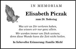 Traueranzeige Elisabeth Piczak