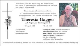 Traueranzeige Theresia Gagger