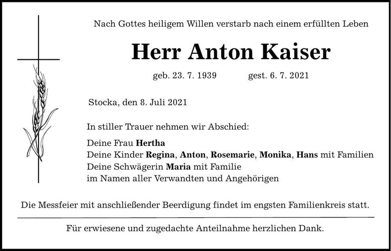 Traueranzeige Anton Kaiser