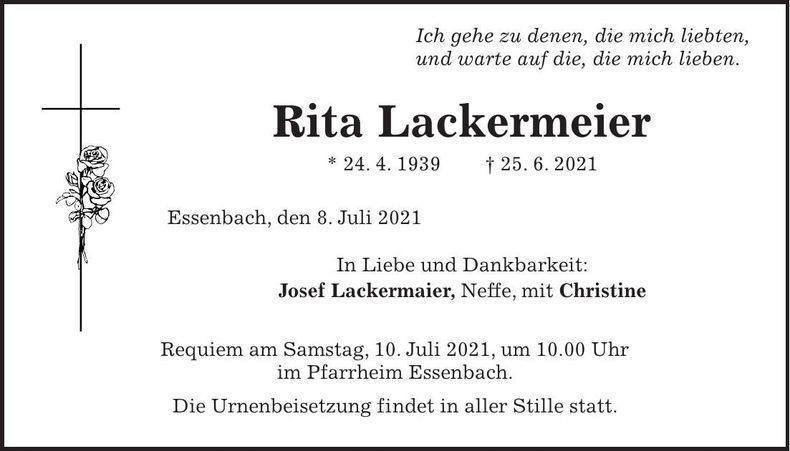 Traueranzeige Rita Lackermeier